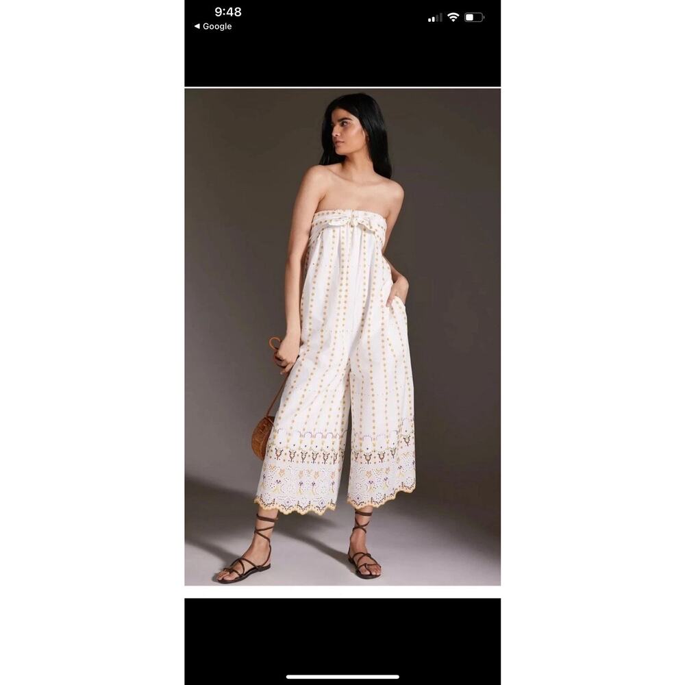 By Anthropologie Strapless Eyelet Jumpsuit - Size 4 - Ivory/White Clean EUC!